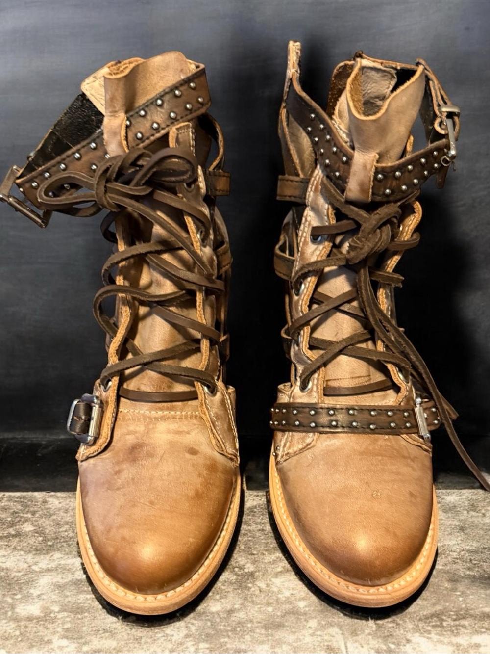 Brand New Freebird Tan Leather Studded Lace-Up Boots, Brand New w/ original box